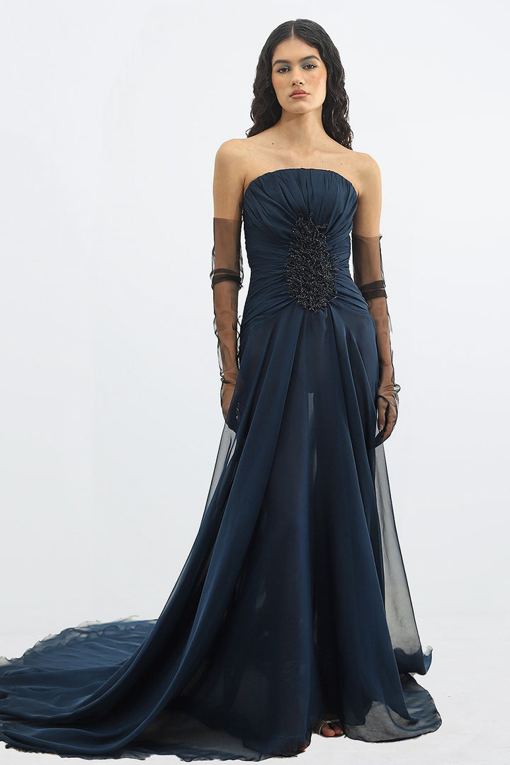 Strapless Long Dress with Waist Appliqué Details