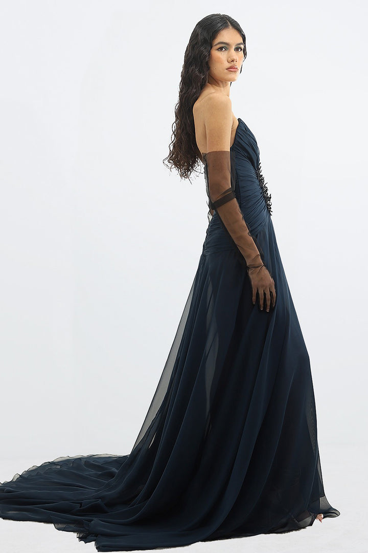 Strapless Long Dress with Waist Appliqué Details