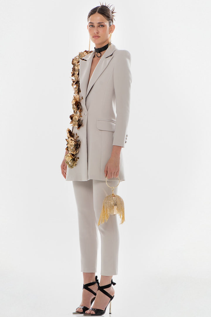 3D Floral Ornament Pants with Slim Cut and High-Waisted Blazer
