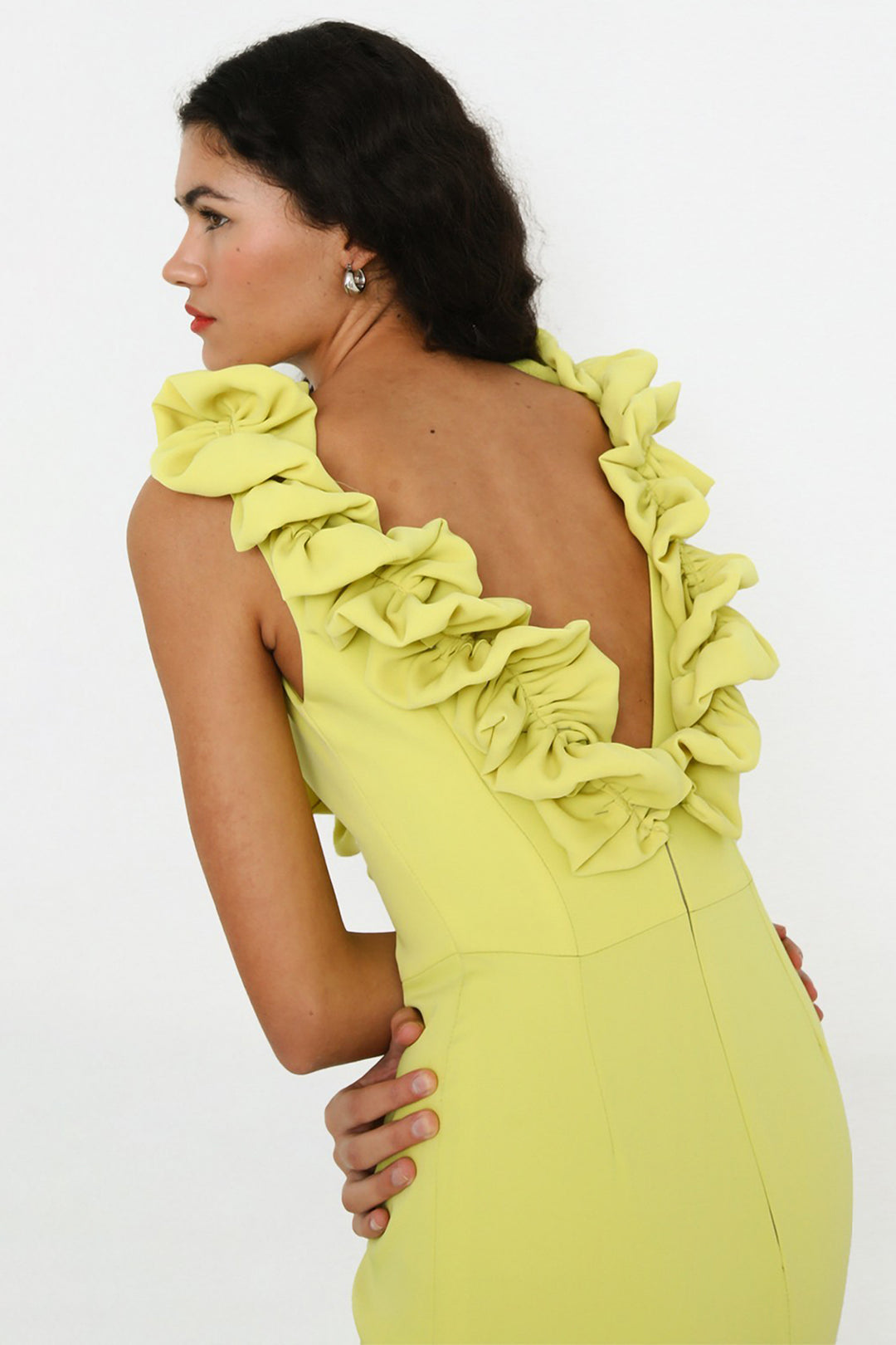 Ruffled V-Neckline Column Long Dress