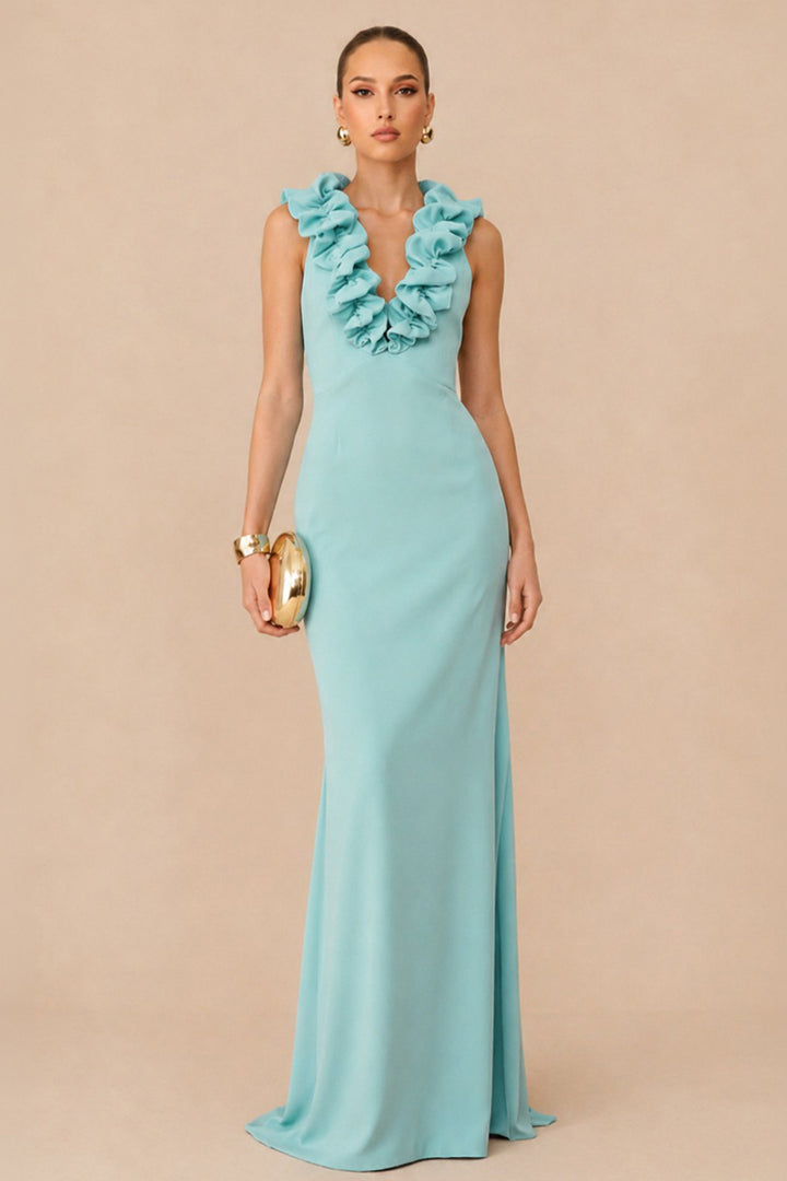 Ruffled V-Neckline Column Long Dress