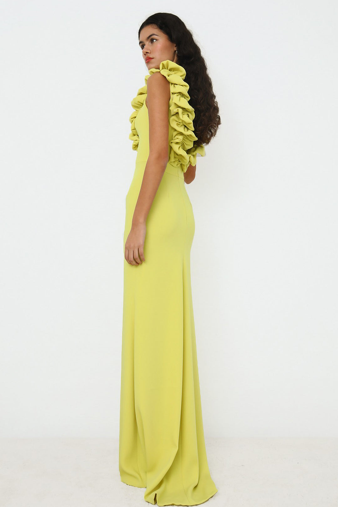 Ruffled V-Neckline Column Long Dress