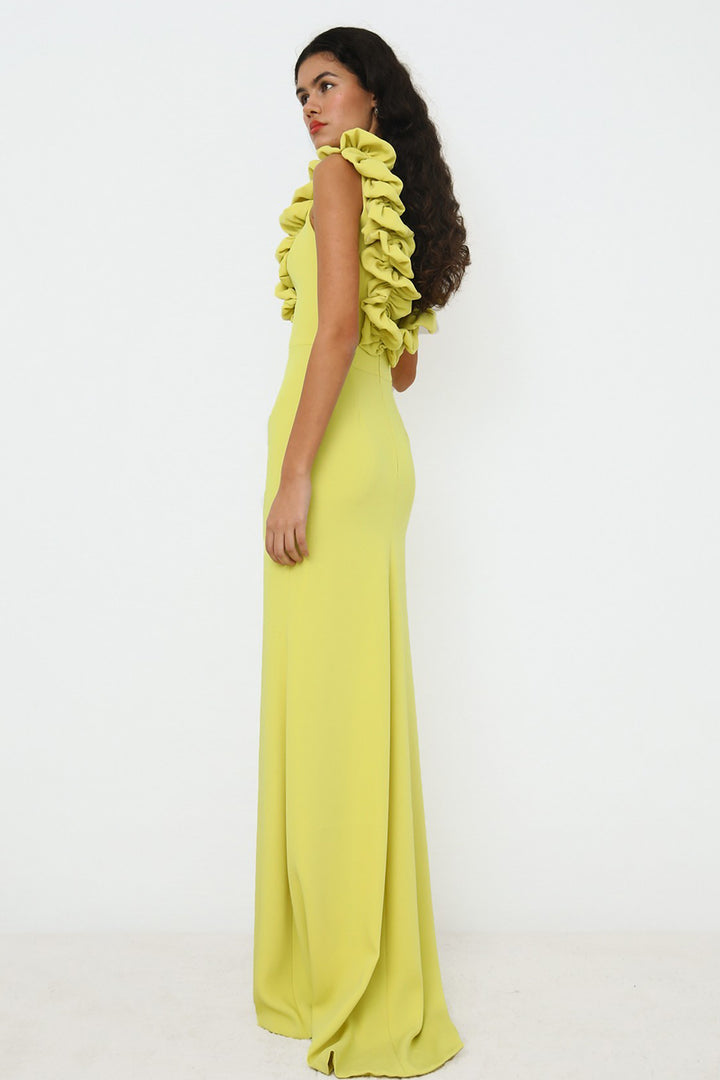 Ruffled V-Neckline Column Long Dress