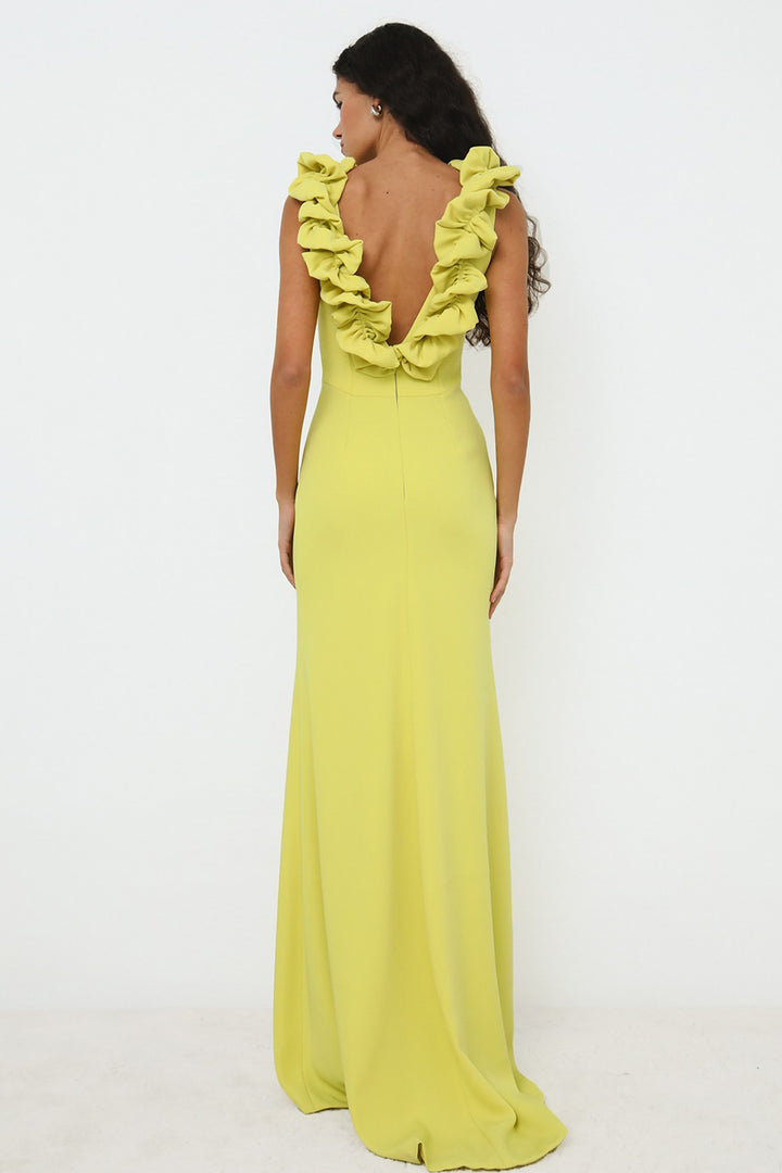 Ruffled V-Neckline Column Long Dress