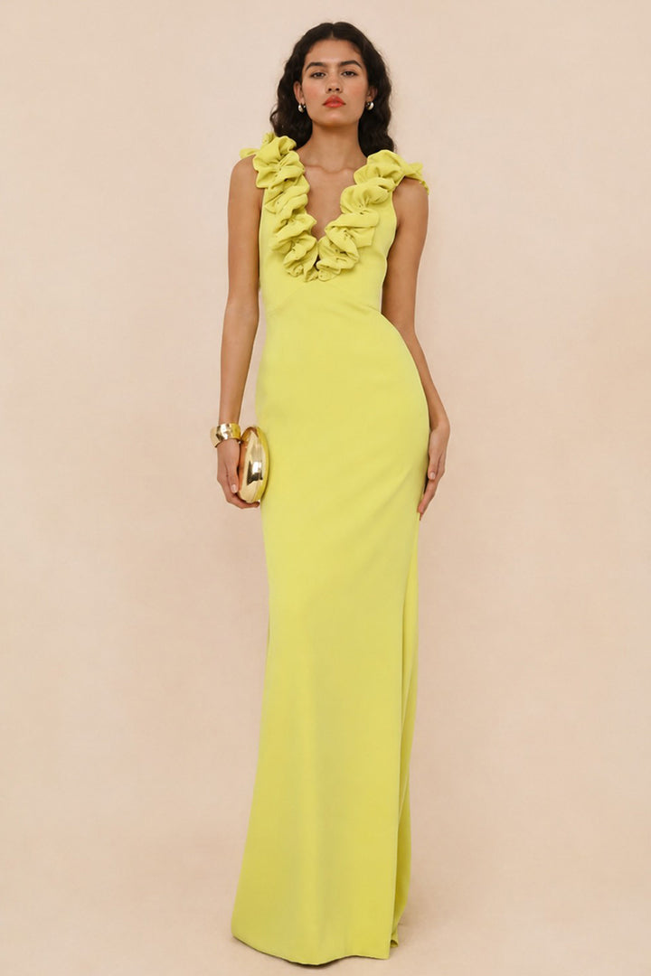 Ruffled V-Neckline Column Long Dress