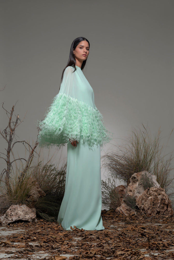 Cape Column Dress with Feathers