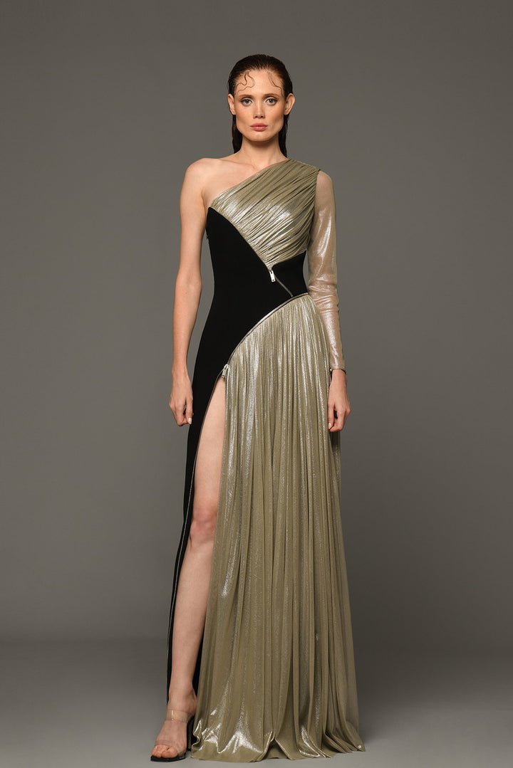 One-Shoulder Crepe and Silk Foiled Dress