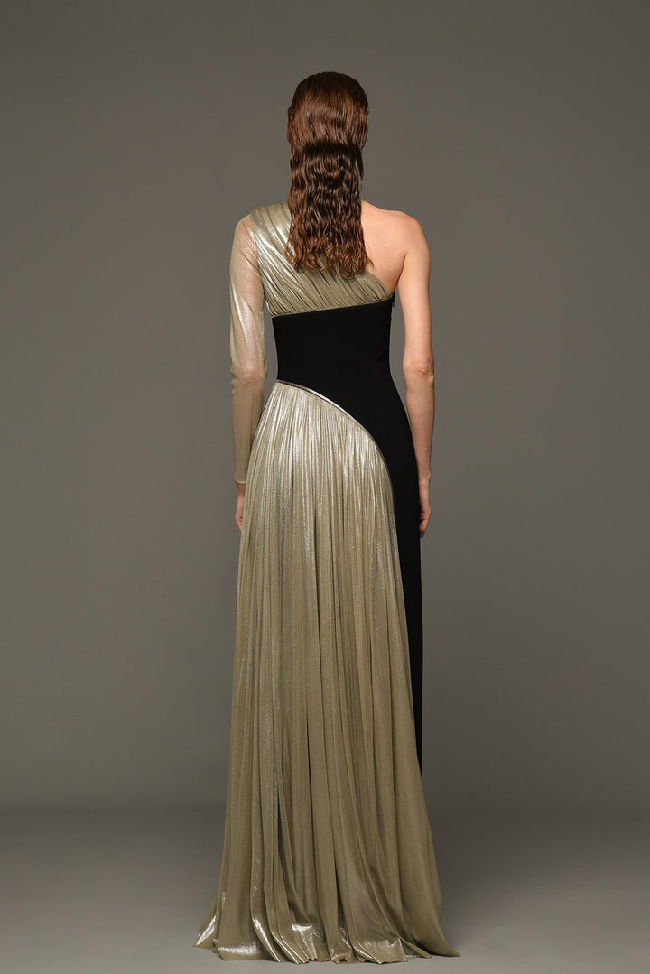 One-Shoulder Crepe and Silk Foiled Dress