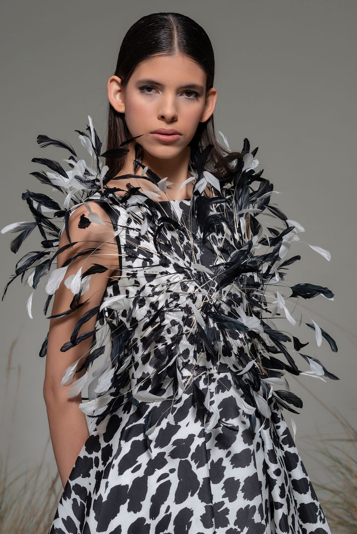Printed Sleeveless A-line Dress with Feathers