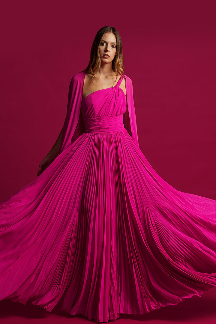 One-Shoulder Pleated Dress with Cape