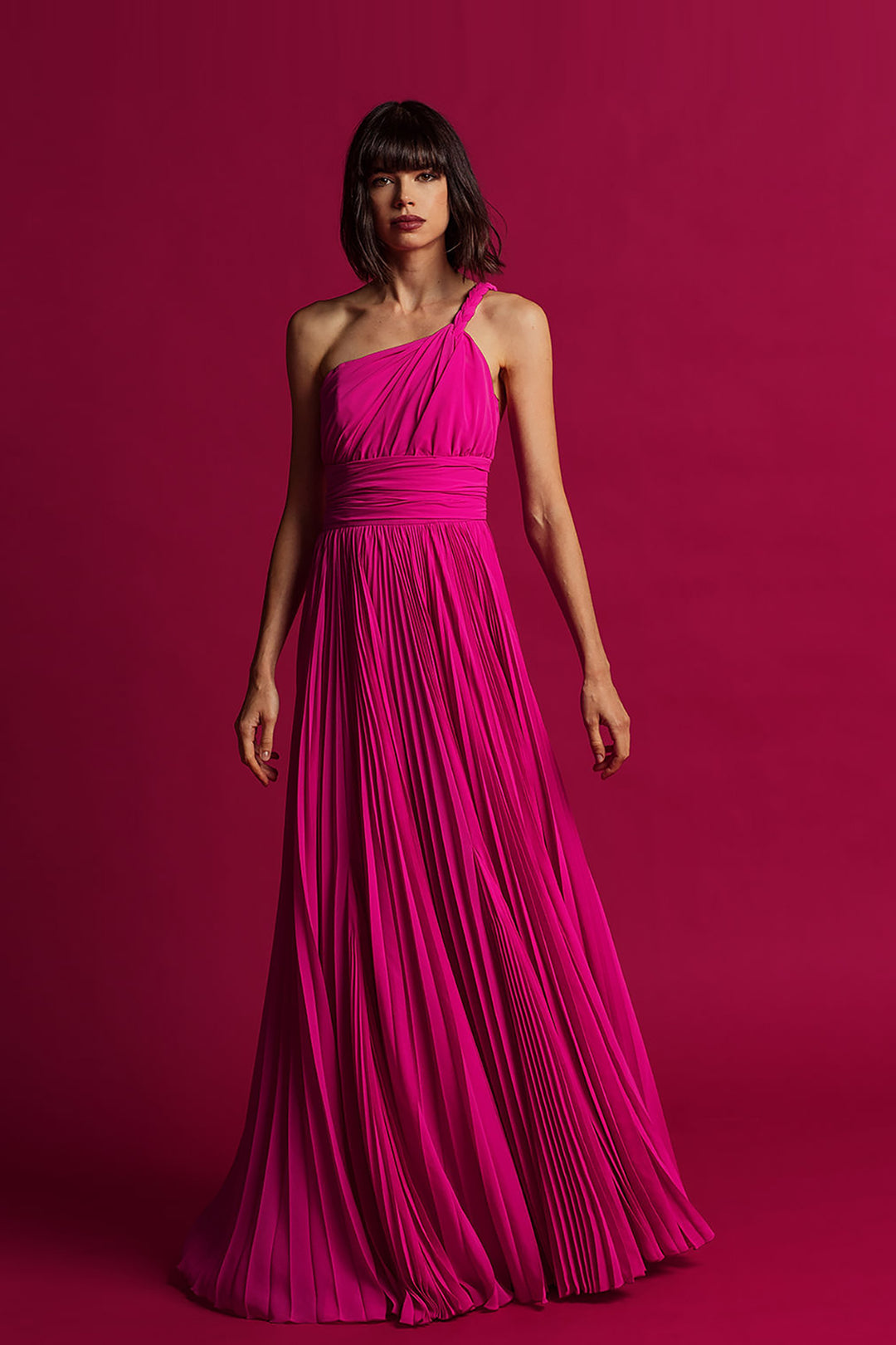 One-Shoulder Pleated Dress with Cape