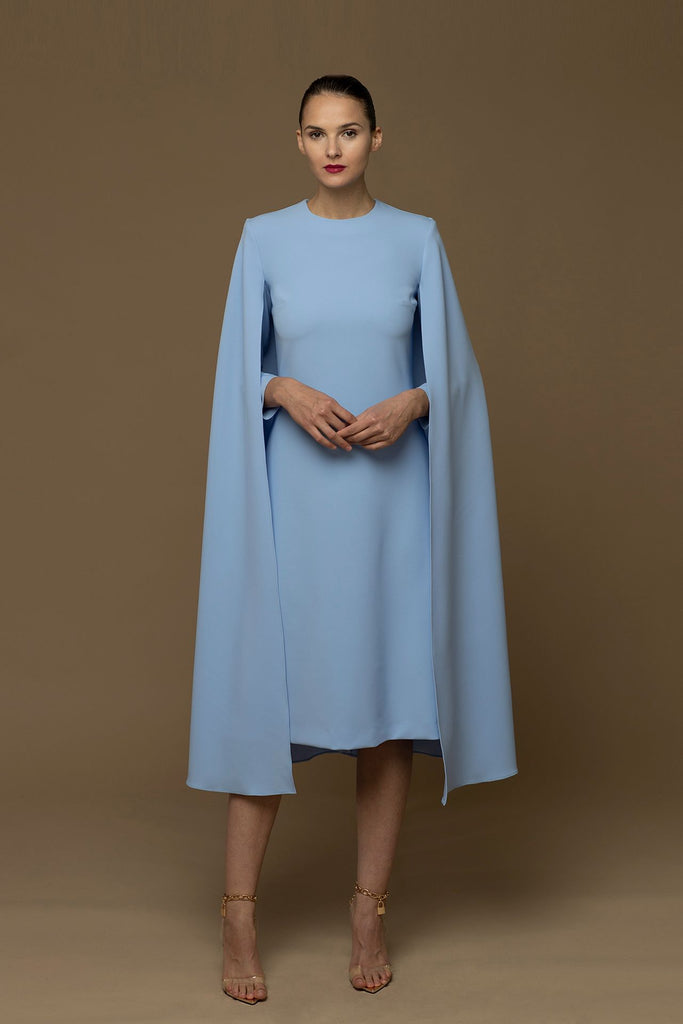 A-line Midi Dress with Cape Sleeves Light blue / US 20
