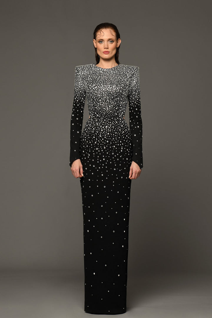 Crystal-Studded Long-Sleeved Fitted Dress