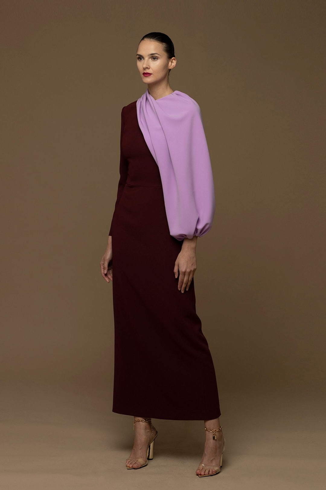 Draped puff sleeve ankle length gown US 8 / Burgundy Draped puff sleeve ankle length gown US 8 / Burgundy