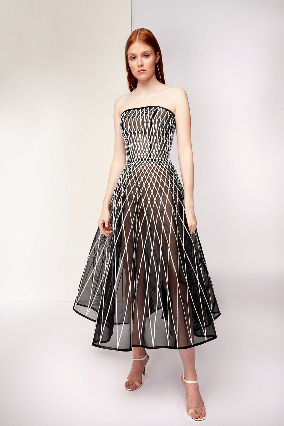 Strapless Geometric A-line Midi Dress