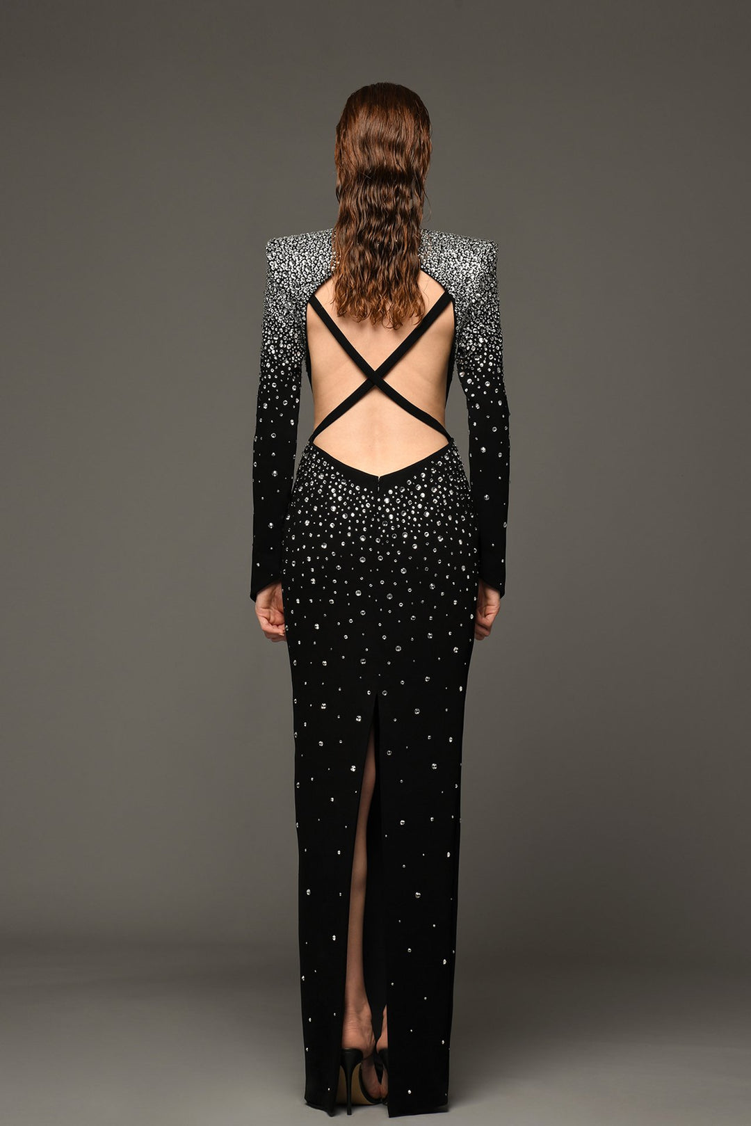 Crystal-Studded Long-Sleeved Fitted Dress