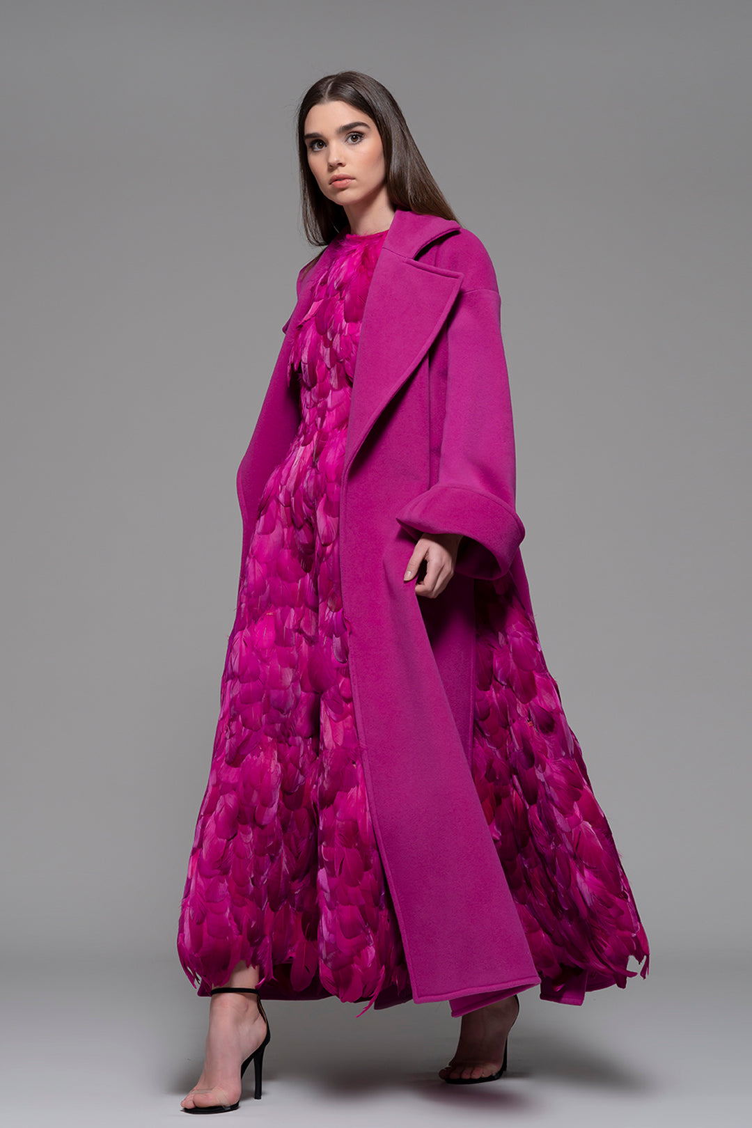 Feathered Sleeveless A-line Midi Dress with Coat