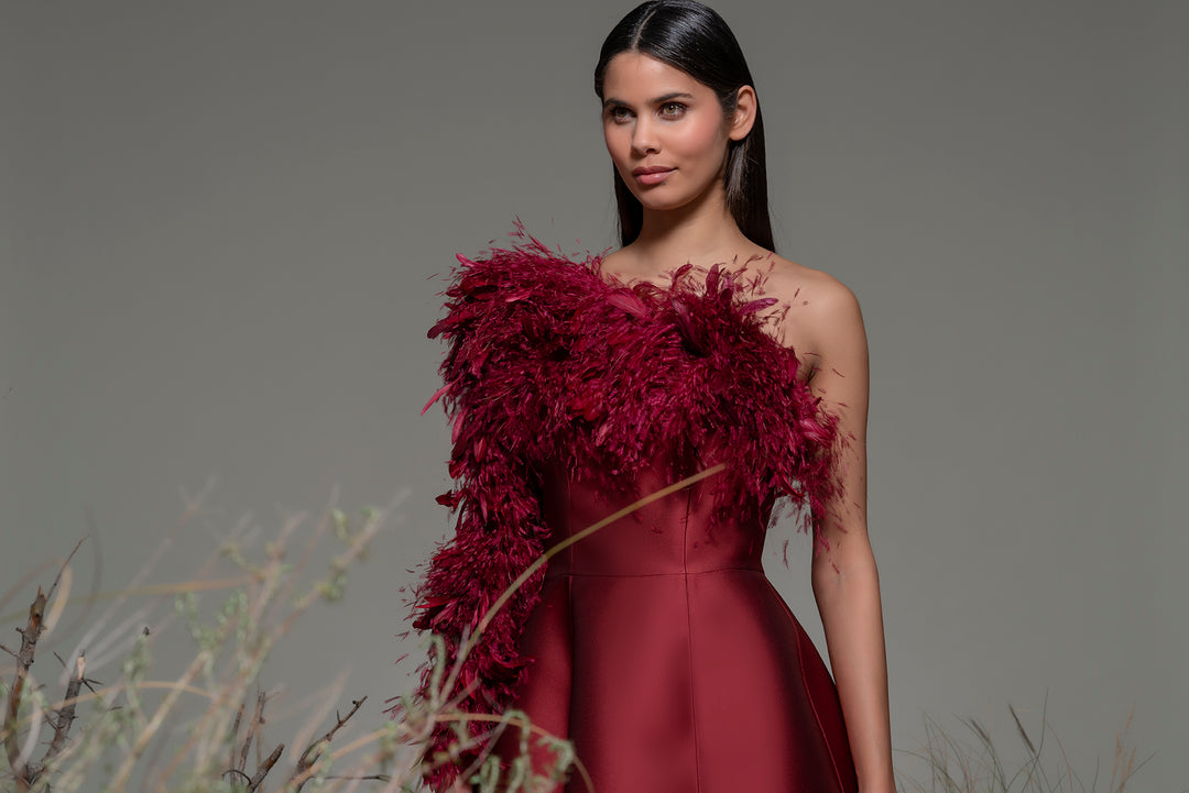 One-Shoulder A-line Dress with Feathers