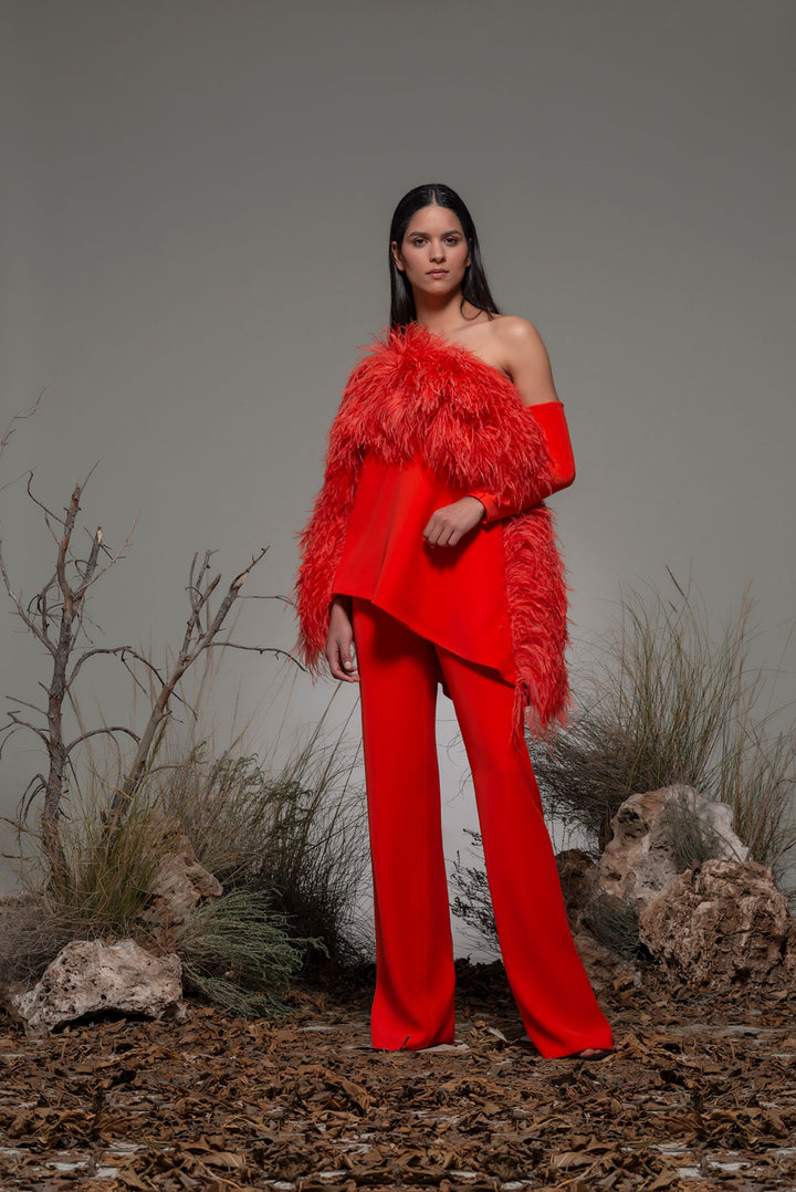 Asymmetric Loose Top with Feathers and Flared Pants