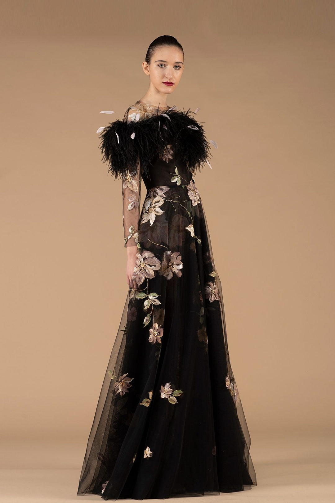 Floral Tulle Long-Sleeved A-line Dress with Feathers