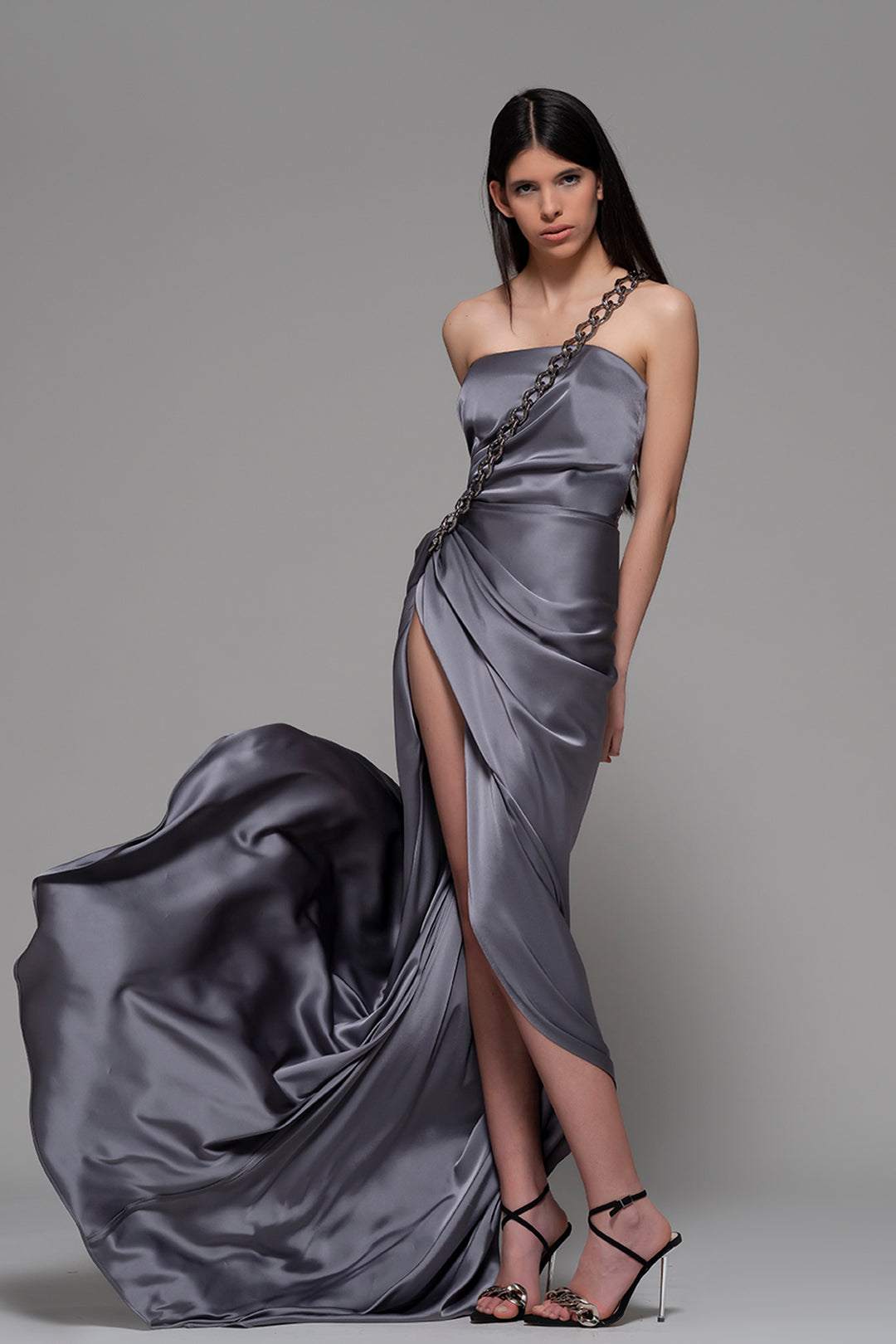 Silver One-Shoulder Draped Fitted Dress US 20 Silver One-Shoulder Draped Fitted Dress US 20