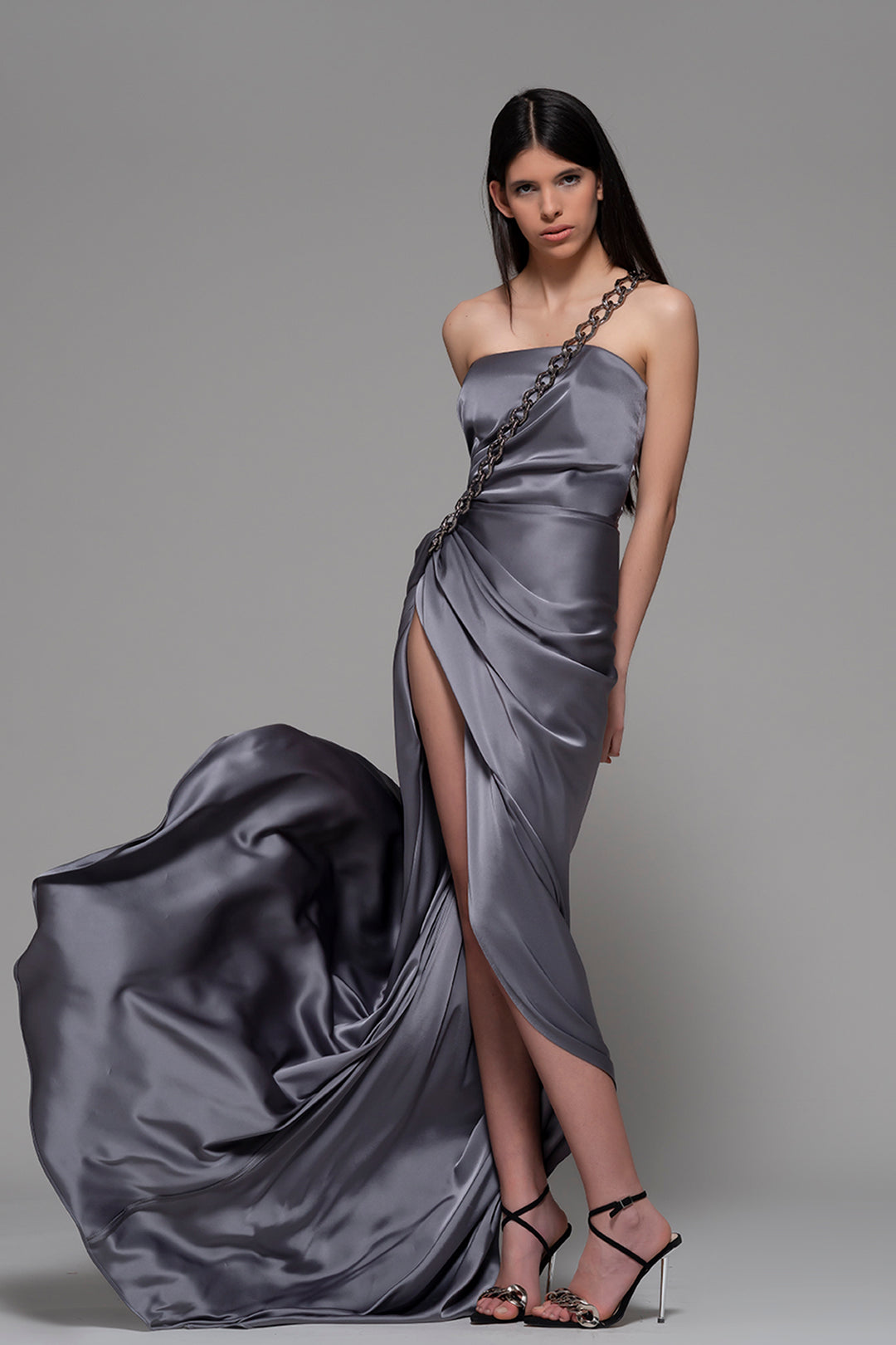 Silver One-Shoulder Draped Fitted Dress