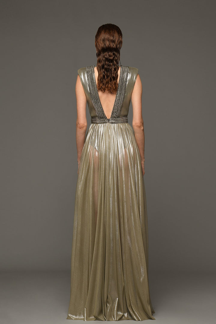 Sleeveless Silk Foiled Draped Dress