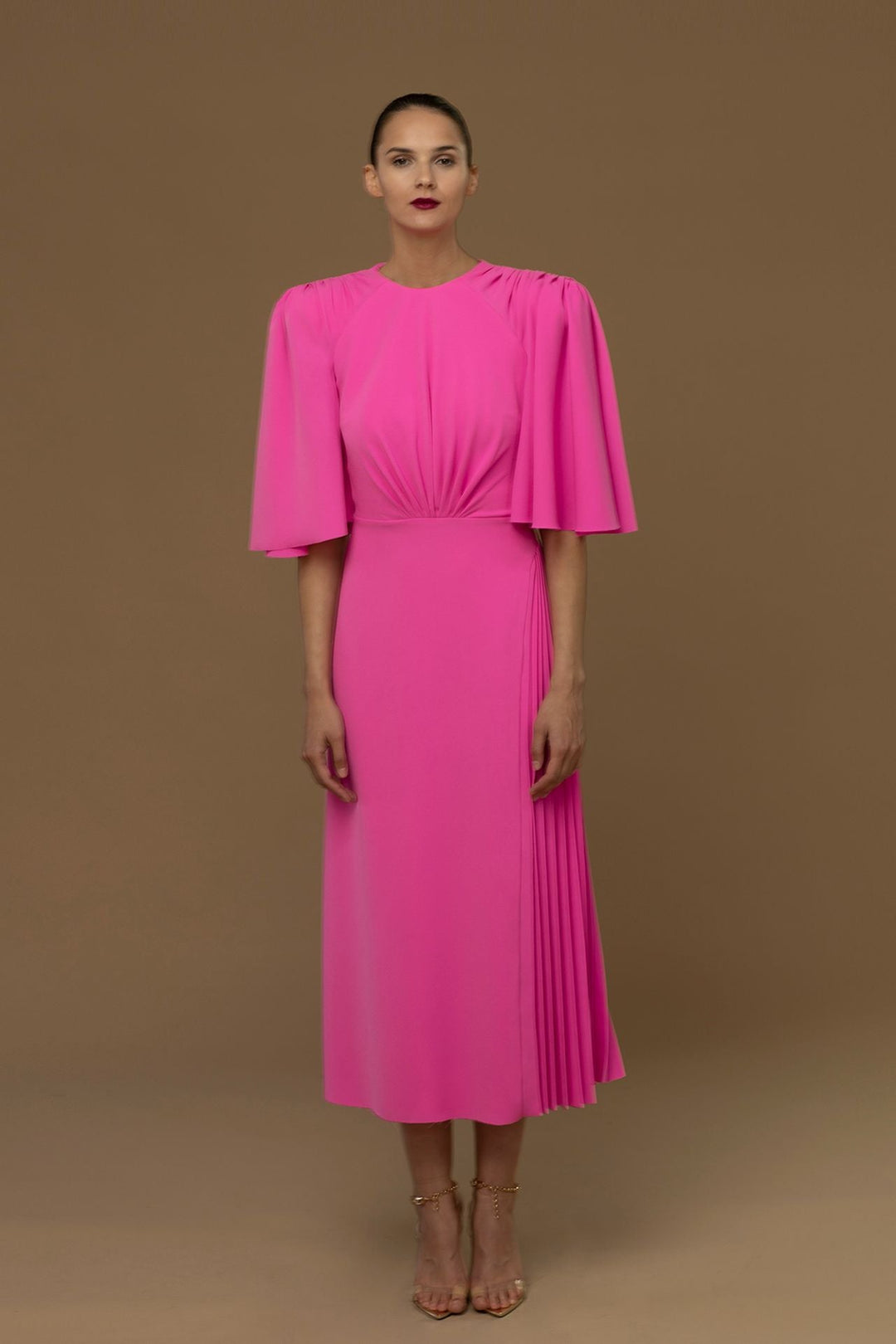 Short Sleeves Pleated Bodice Midi Dress Pink / US 18 Short Sleeves Pleated Bodice Midi Dress Pink / US 18