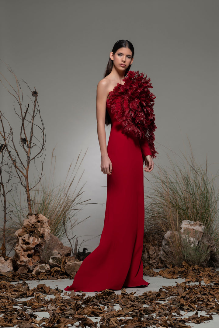One-Shoulder Mermaid Dress with Feathers