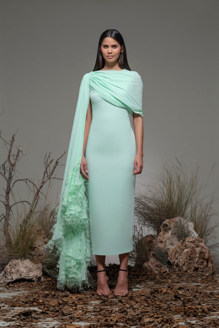Sleeveless Column Midi Dress with Cape and Feathers