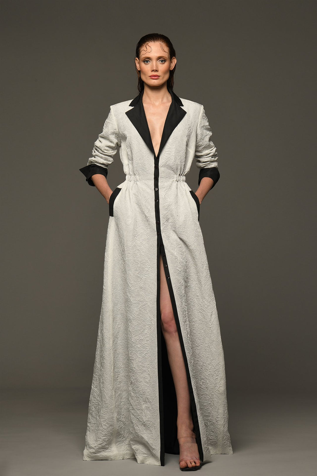 Crushed Taffeta Maxi Shirt Dress