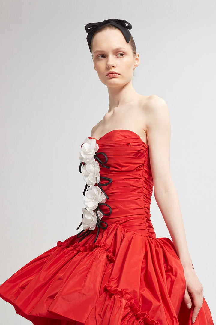 Taffeta Strapless Ruffled Short Dress with Train