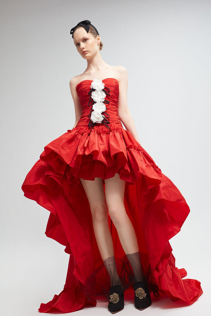 Taffeta Strapless Ruffled Short Dress with Train