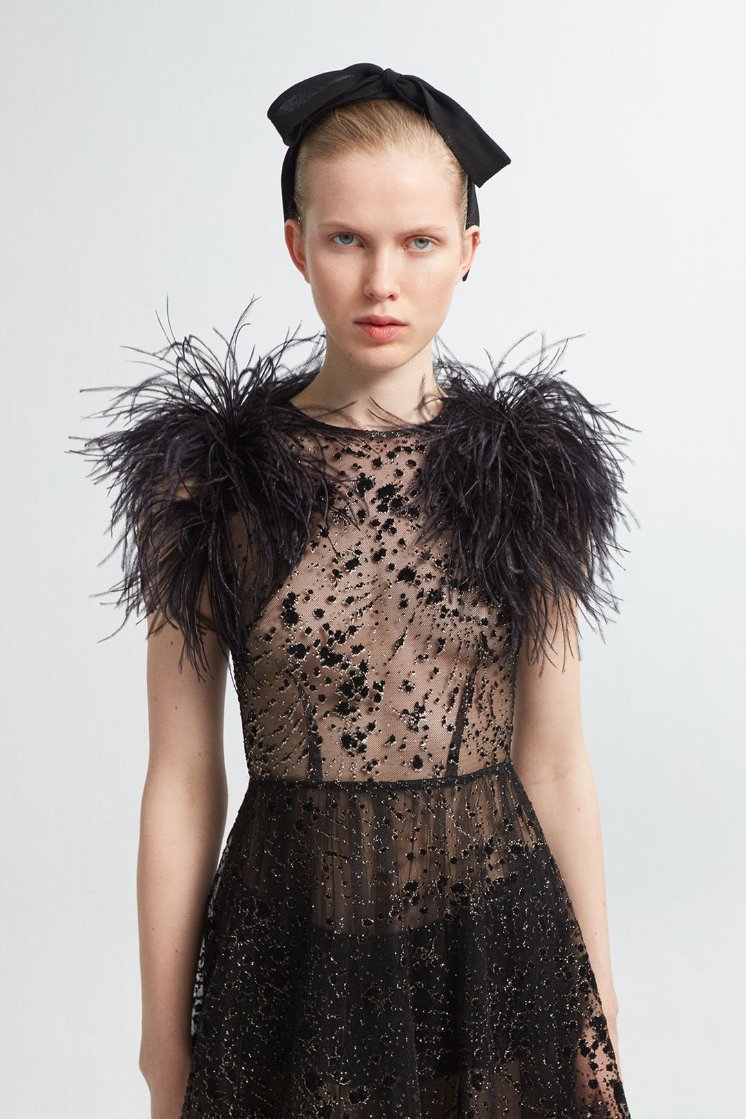 Embroidered Tulle Dress with Feathers and Floral Motifs