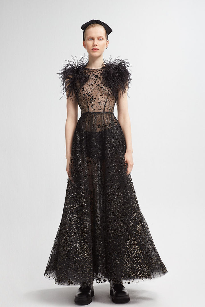 Embroidered Tulle Dress with Feathers and Floral Motifs