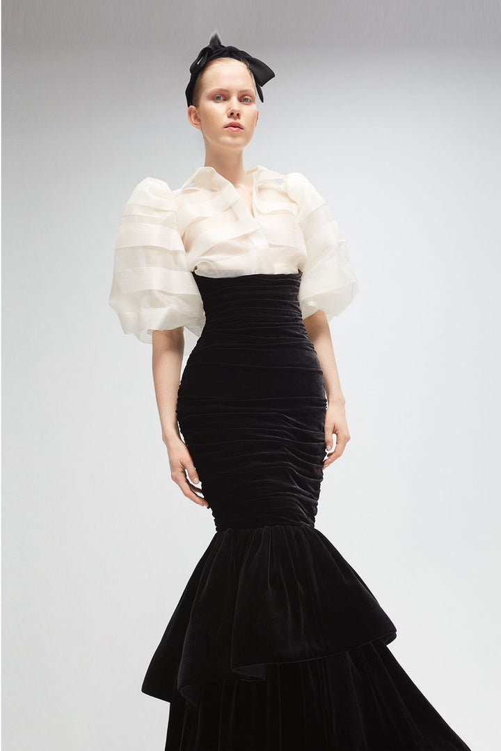 Silk Organza Blouse with Velvet Mermaid Skirt