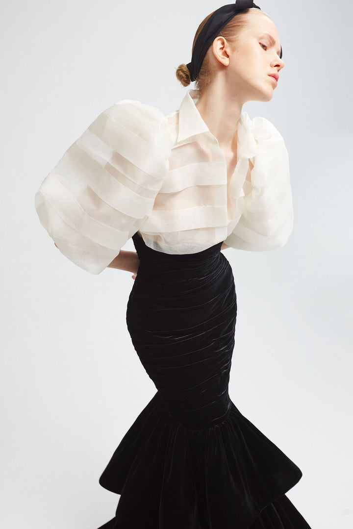 Silk Organza Blouse with Velvet Mermaid Skirt