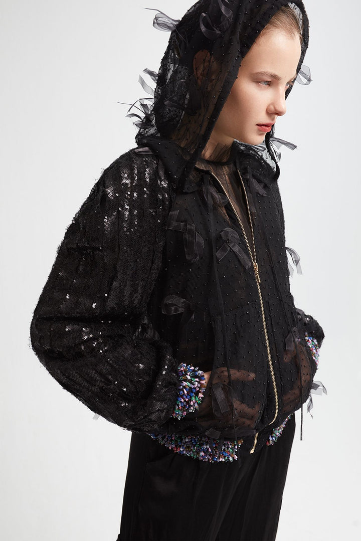 Tulle Embroidered Bomber with Satin Pants