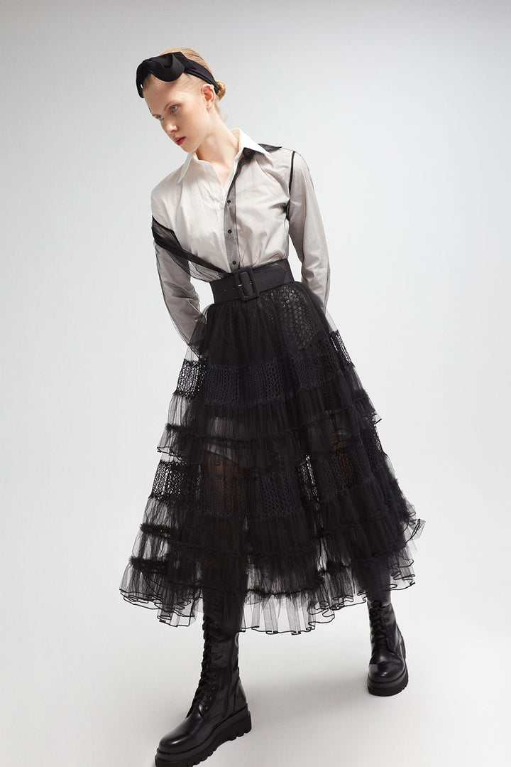 Two-Cut Shirt with Tulle A-line Midi Skirt