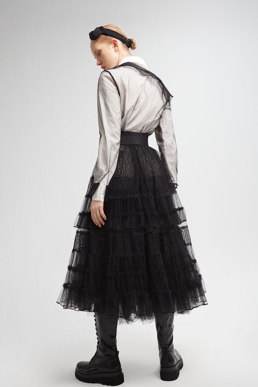 Two-Cut Shirt with Tulle A-line Midi Skirt