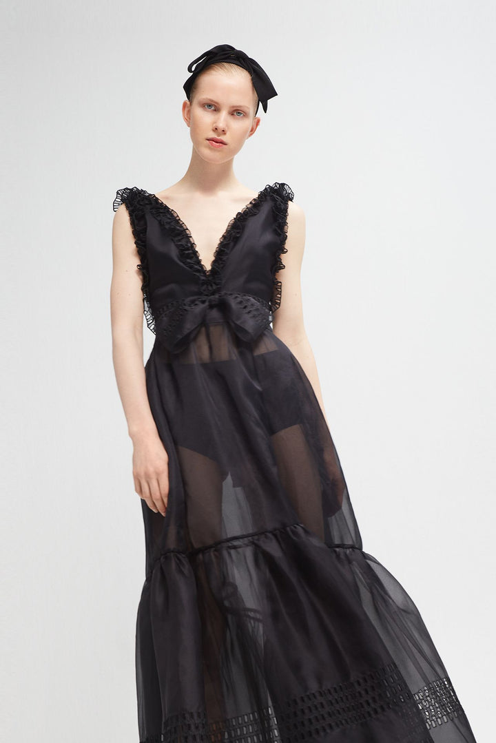 Sleeveless Silk Organza Flared Dress with Ruffles