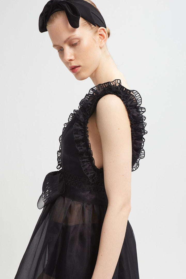 Sleeveless Silk Organza Flared Dress with Ruffles