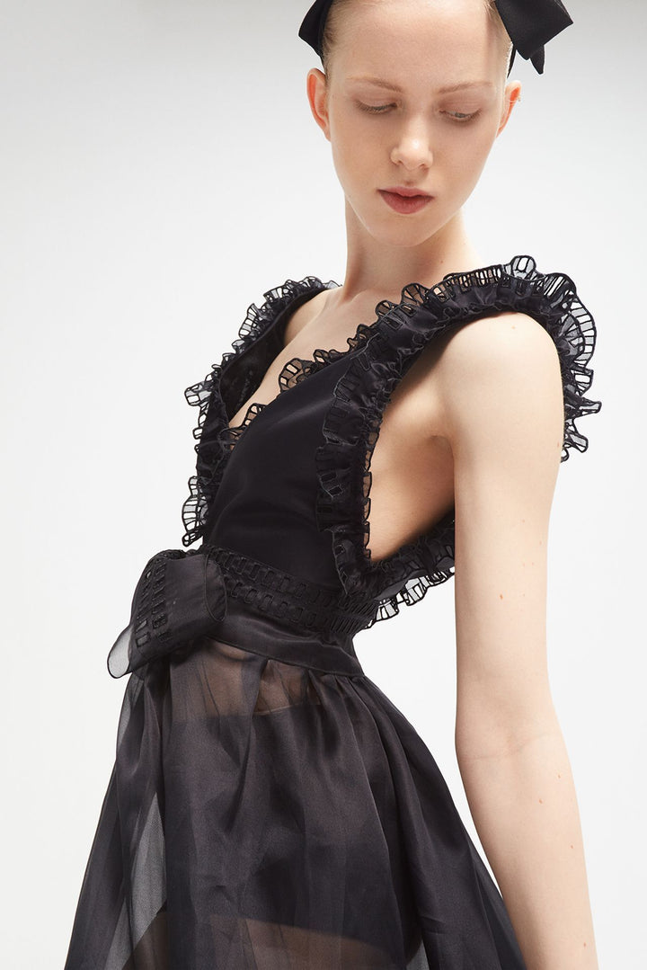 Sleeveless Silk Organza Flared Dress with Ruffles