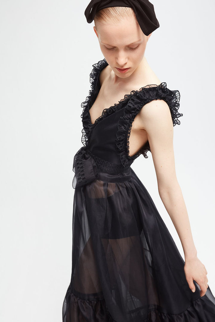 Sleeveless Silk Organza Flared Dress with Ruffles