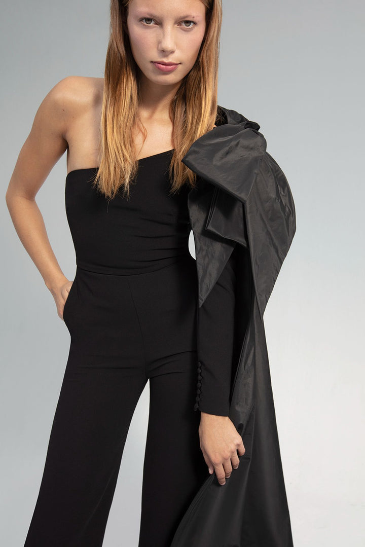 Crepe Jumpsuit with Taffeta Side Cape