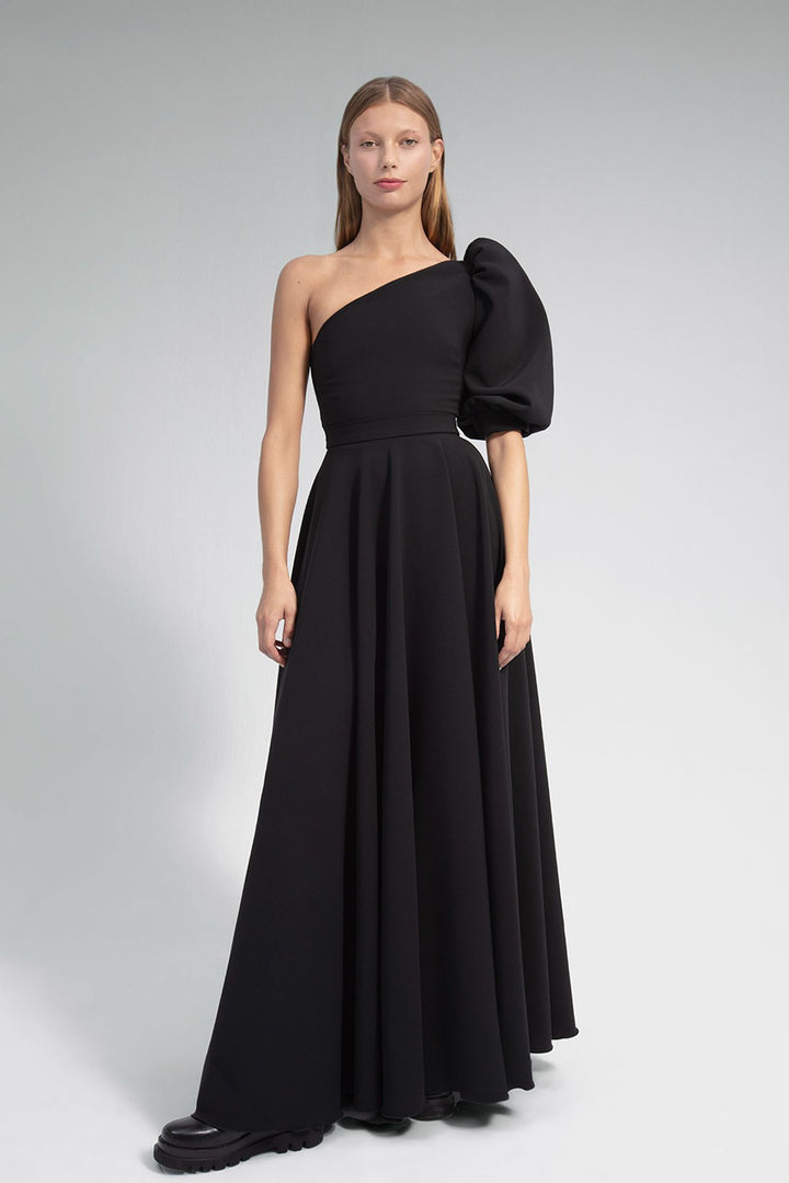 Crepe One-Shoulder Flared Dress