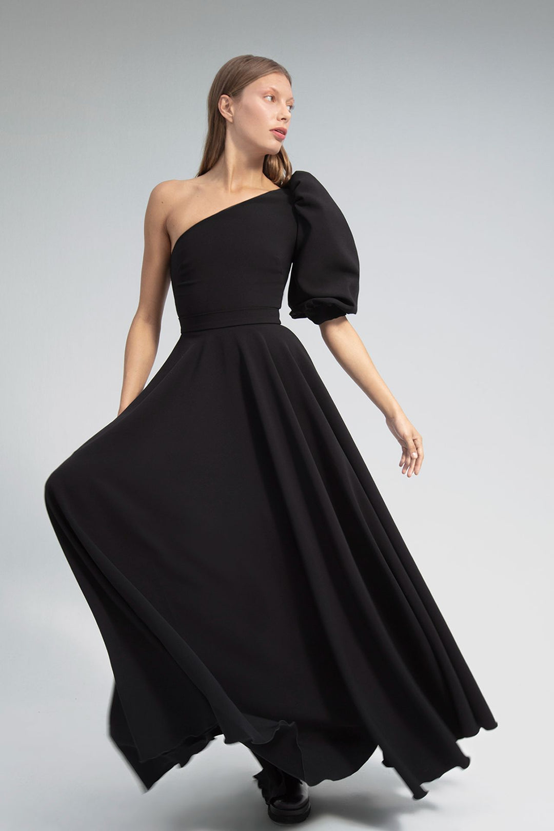 Crepe One-Shoulder Flared Dress