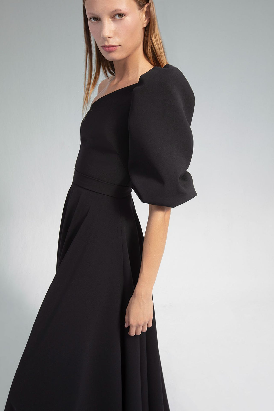 Crepe One-Shoulder Flared Dress Crepe One-Shoulder Flared Dress