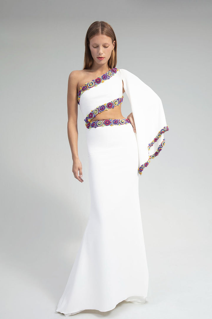 Crepe One-Shoulder Mermaid Dress with Beading Details