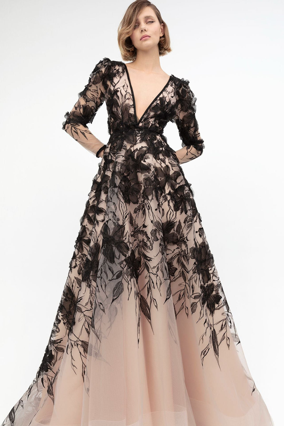 Tulle Embroidered Long-Sleeved A-line Dress